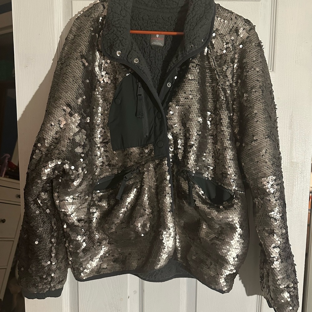 FP Movement by Free People Sequin Black and Silver Bomber Jacket